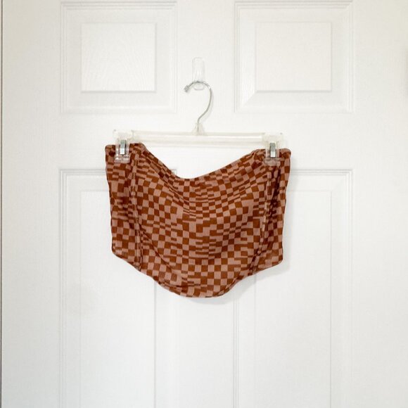 WHITE FOX Checkered Brown Crop Top Medium Going Out Trend Sorority Party Cute - Picture 1 of 4